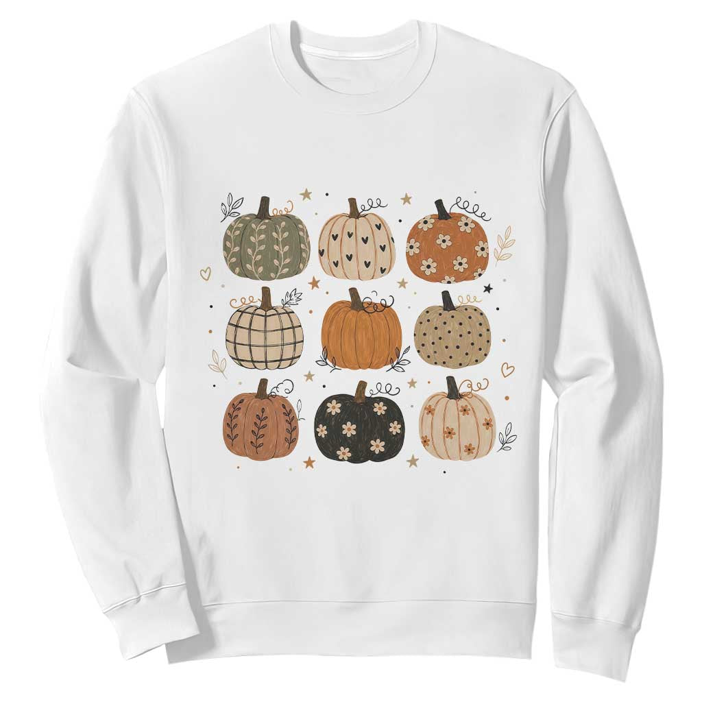 Aesthetic Boho Earthy Pumpkins Grid Sweatshirt Cute Fall Season Autumn Thanksgiving