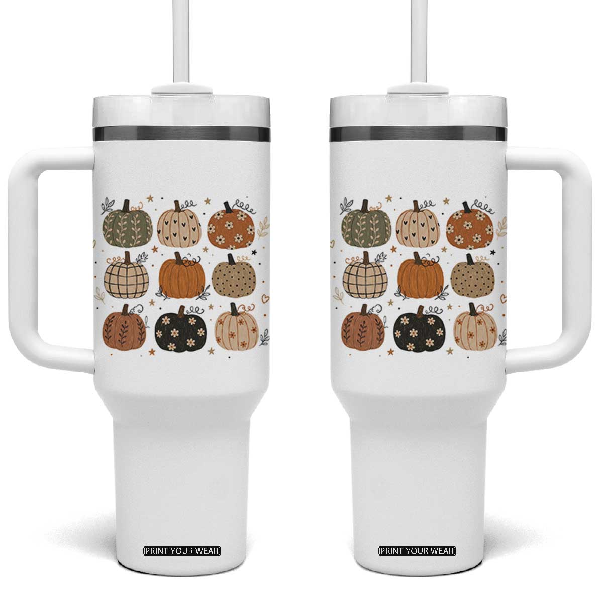 Aesthetic Boho Earthy Pumpkins Grid Tumbler With Handle Cute Fall Season Autumn Thanksgiving