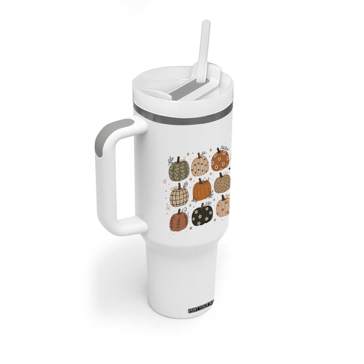 Aesthetic Boho Earthy Pumpkins Grid Tumbler With Handle Cute Fall Season Autumn Thanksgiving