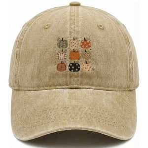 Aesthetic Boho Earthy Pumpkins Grid Washed Cotton Baseball Cap Cute Fall Season Autumn Thanksgiving