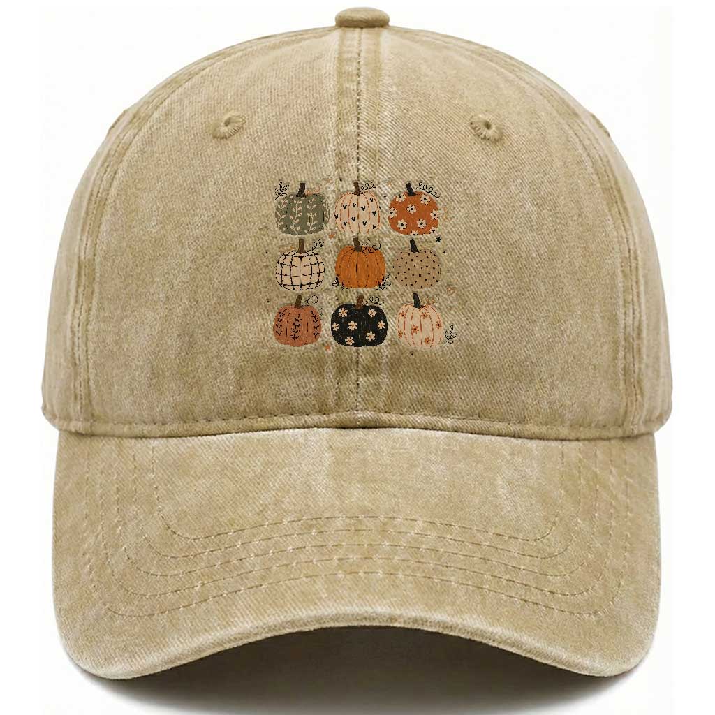 Aesthetic Boho Earthy Pumpkins Grid Washed Cotton Baseball Cap Cute Fall Season Autumn Thanksgiving