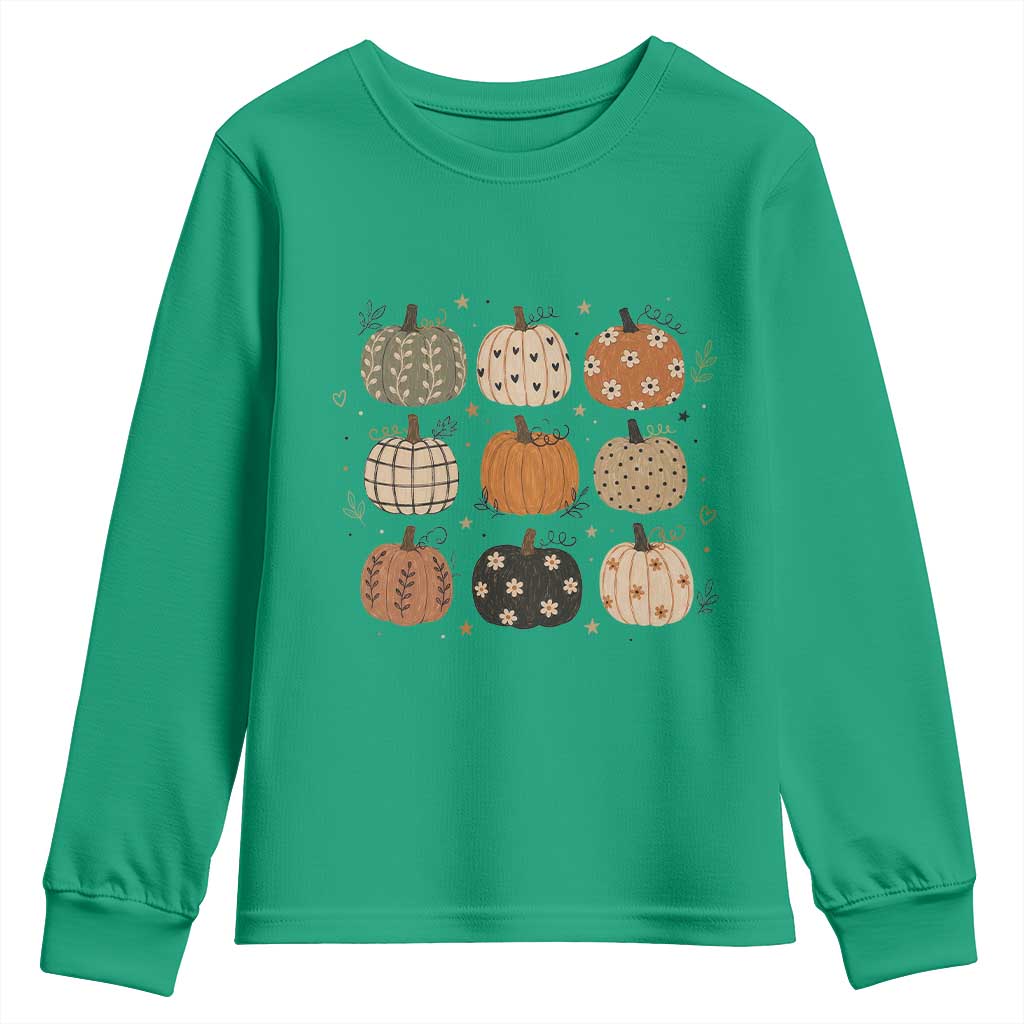 Aesthetic Boho Earthy Pumpkins Grid Youth Sweatshirt Cute Fall Season Autumn Thanksgiving