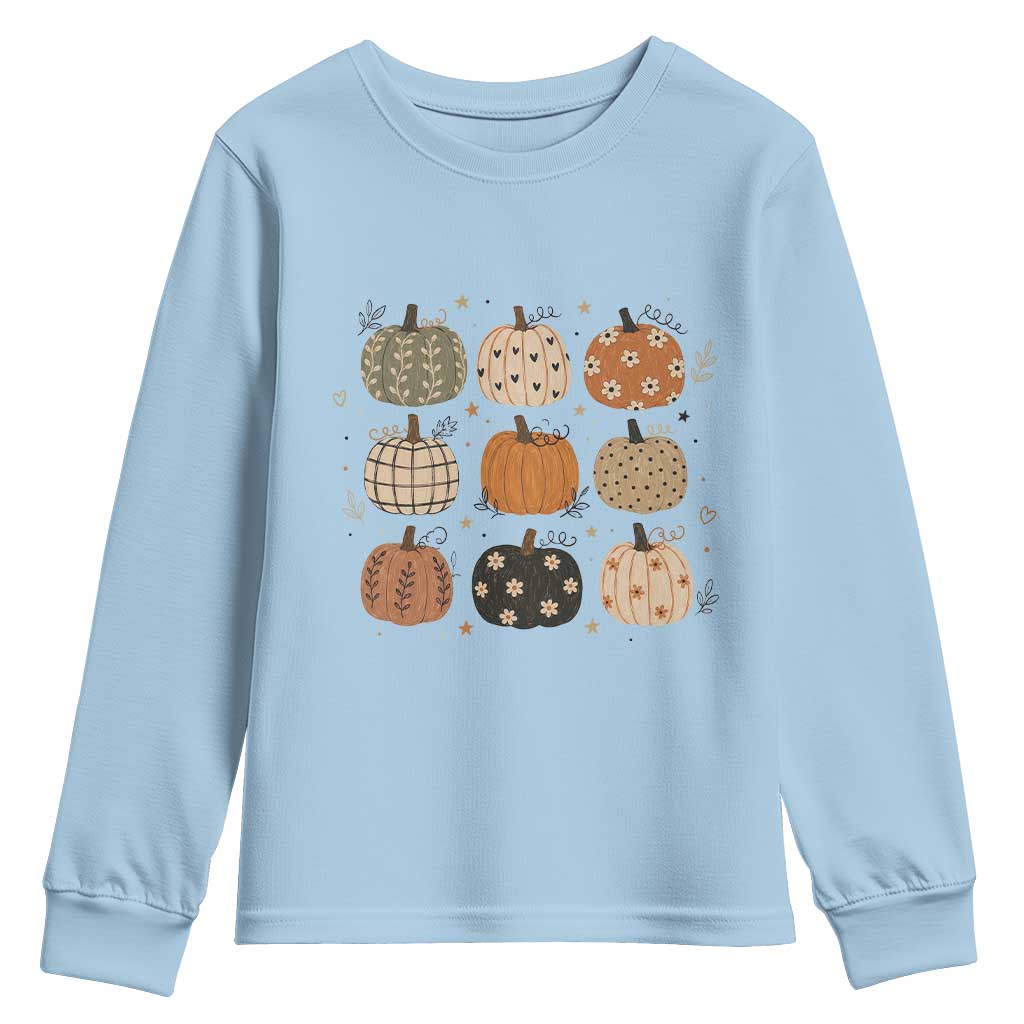 Aesthetic Boho Earthy Pumpkins Grid Youth Sweatshirt Cute Fall Season Autumn Thanksgiving