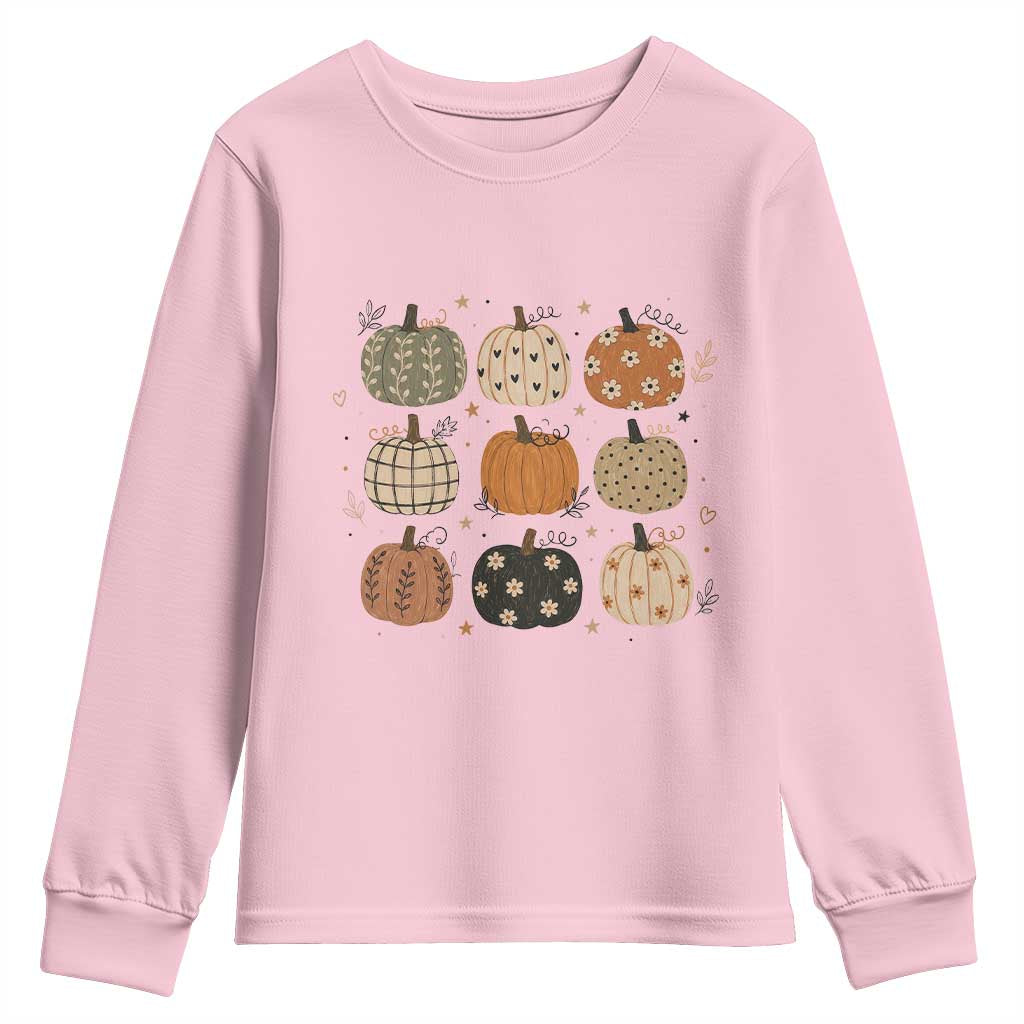Aesthetic Boho Earthy Pumpkins Grid Youth Sweatshirt Cute Fall Season Autumn Thanksgiving