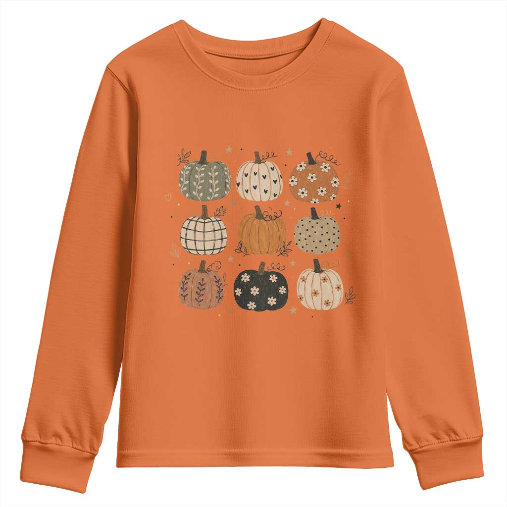 Aesthetic Boho Earthy Pumpkins Grid Youth Sweatshirt Cute Fall Season Autumn Thanksgiving