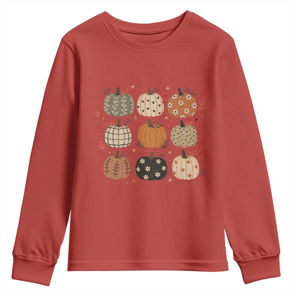 Aesthetic Boho Earthy Pumpkins Grid Youth Sweatshirt Cute Fall Season Autumn Thanksgiving