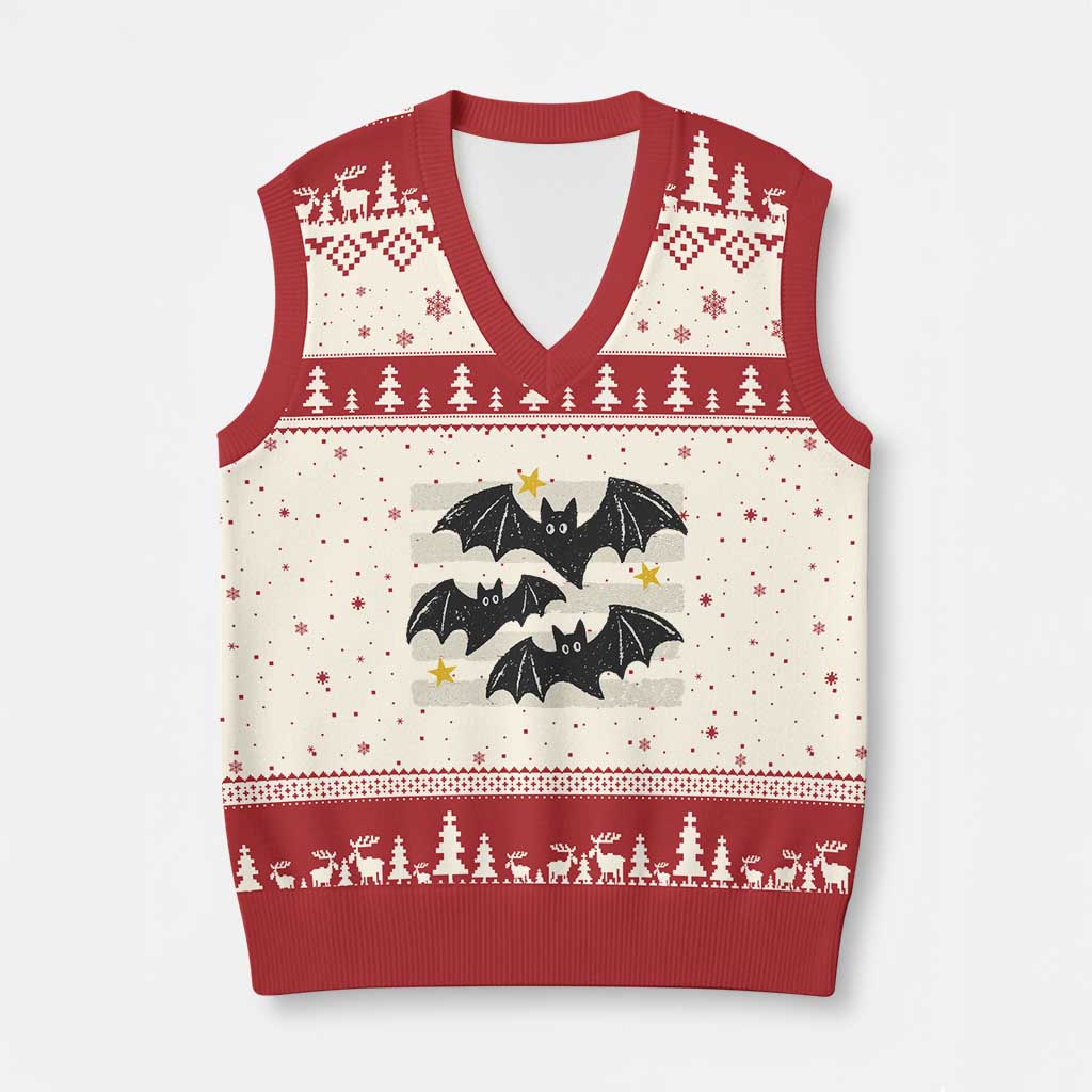 Retro Cute Flying Black Bats Preppy Style Aesthetic V-Neck Knit Sweater Vest Vintage Distressed Stripes Halloween Gift