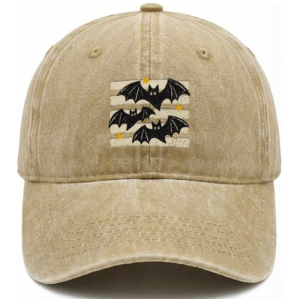 Retro Cute Flying Black Bats Preppy Style Aesthetic Washed Cotton Baseball Cap Vintage Distressed Stripes Halloween Gift