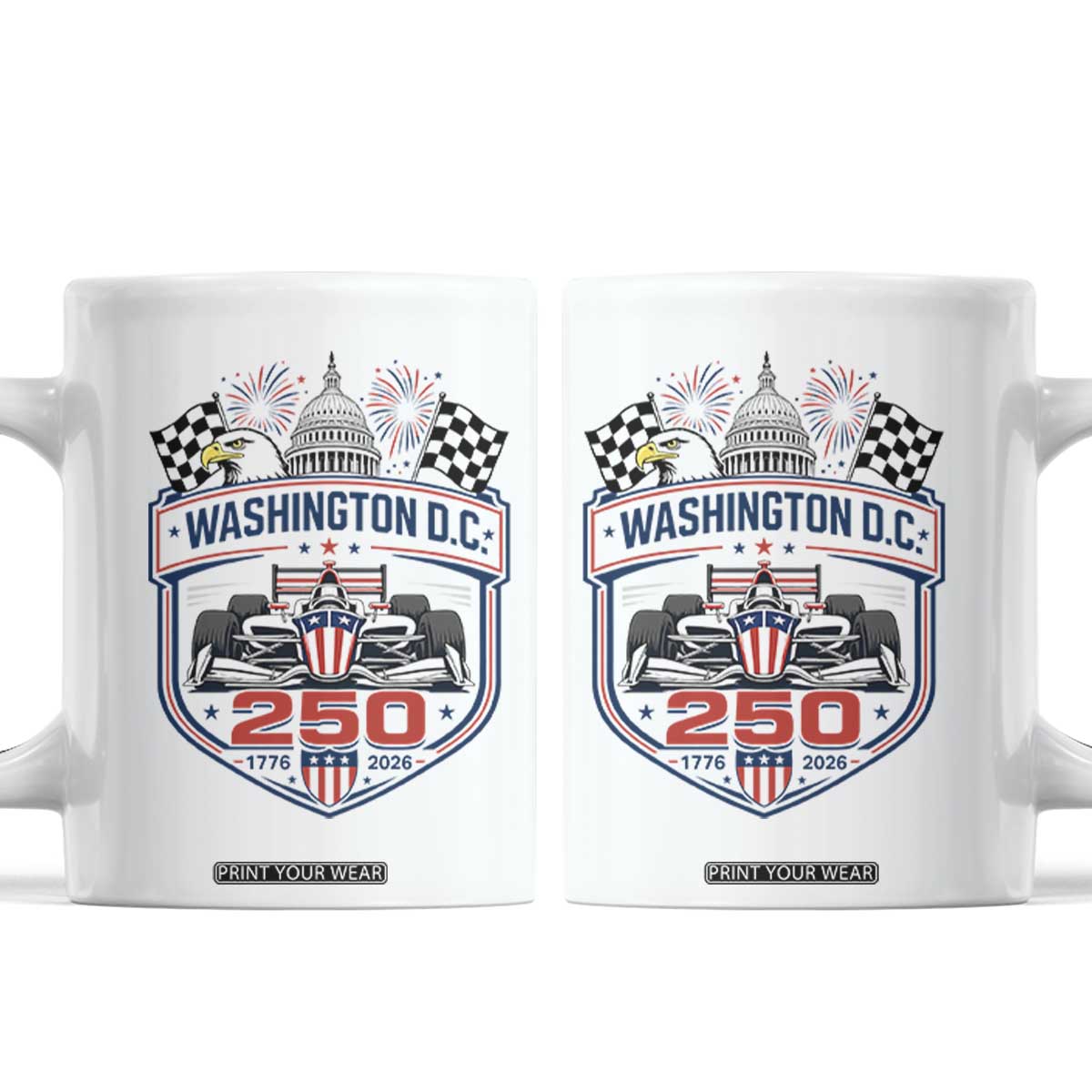 Washington DC 250th Anniversary American Racing Car Coffee Mug Patriotic 1776 2026 Semiquincentennial