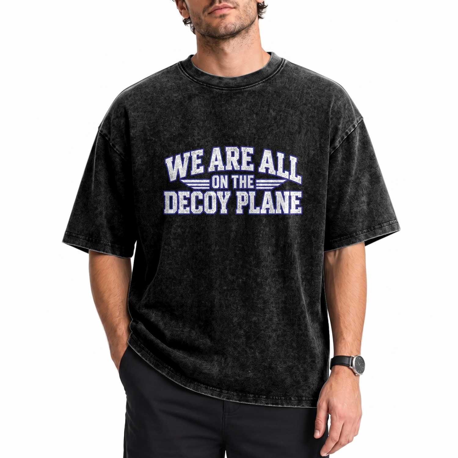 We Are All On The Decoy Plane Theories Aviator Wings Blue Washed Cotton T-Shirt Funny Satirical Meme Conspiracy Commentary