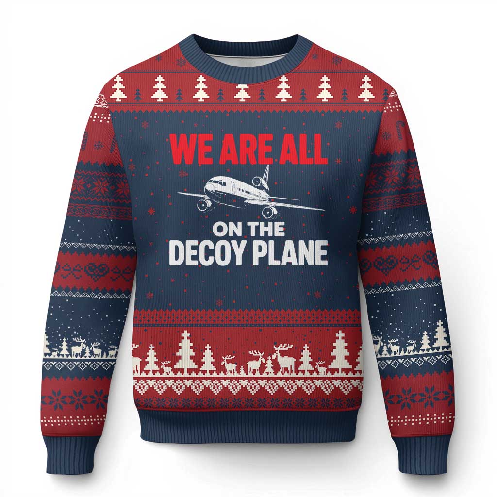 We Are All On The Decoy Plane Theories Trijet Aircraft Graphic Ugly Christmas Sweater Funny Satirical Meme Conspiracy Commentary TS02 Navy Red Print Your Wear