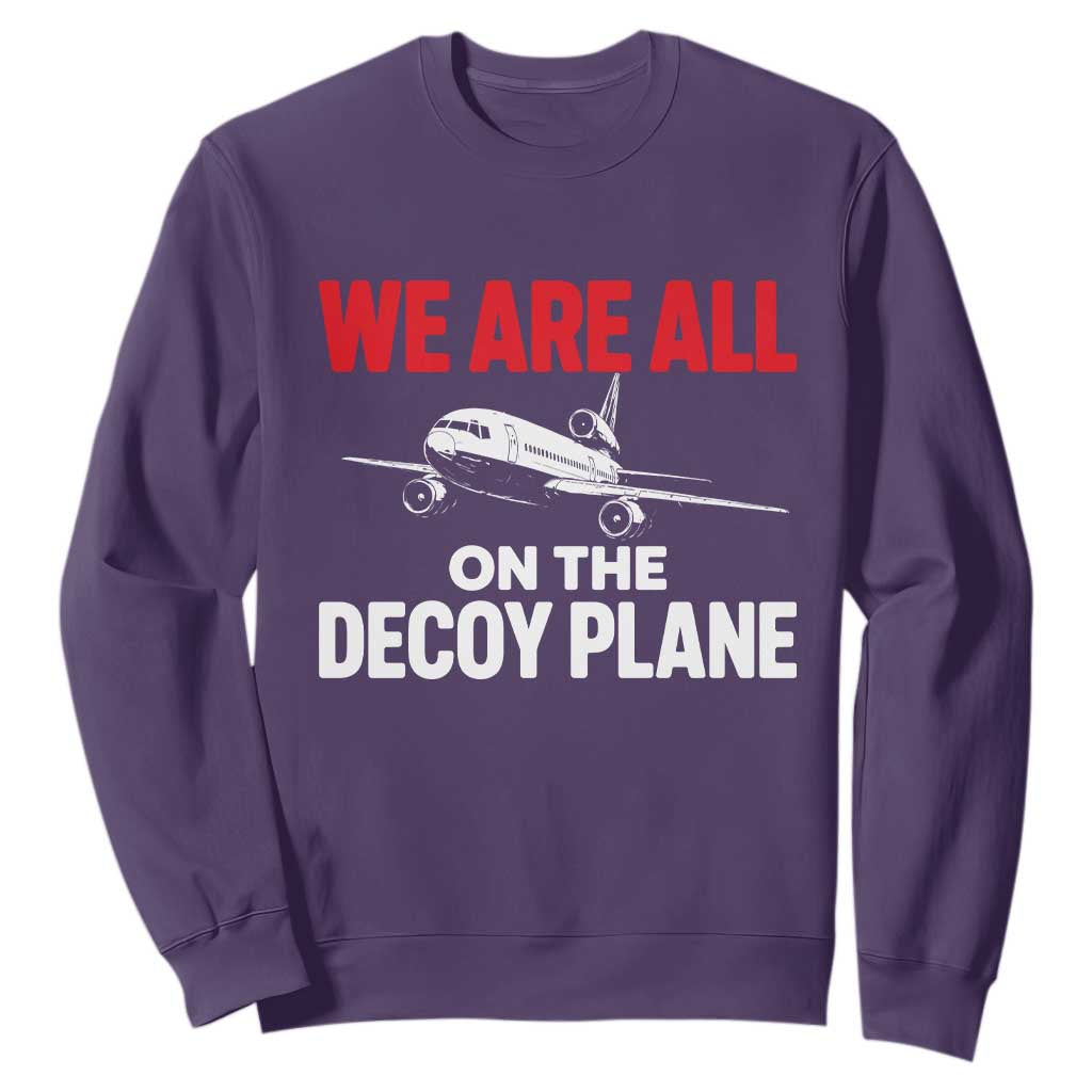 We Are All On The Decoy Plane Theories Trijet Aircraft Graphic Sweatshirt Funny Satirical Meme Conspiracy Commentary TS02 Purple Print Your Wear