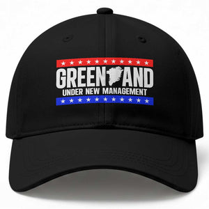 Greenland Under New Management Map Graphic Baseball Cap Funny Geographical Humor Patriotic Red White and Blue