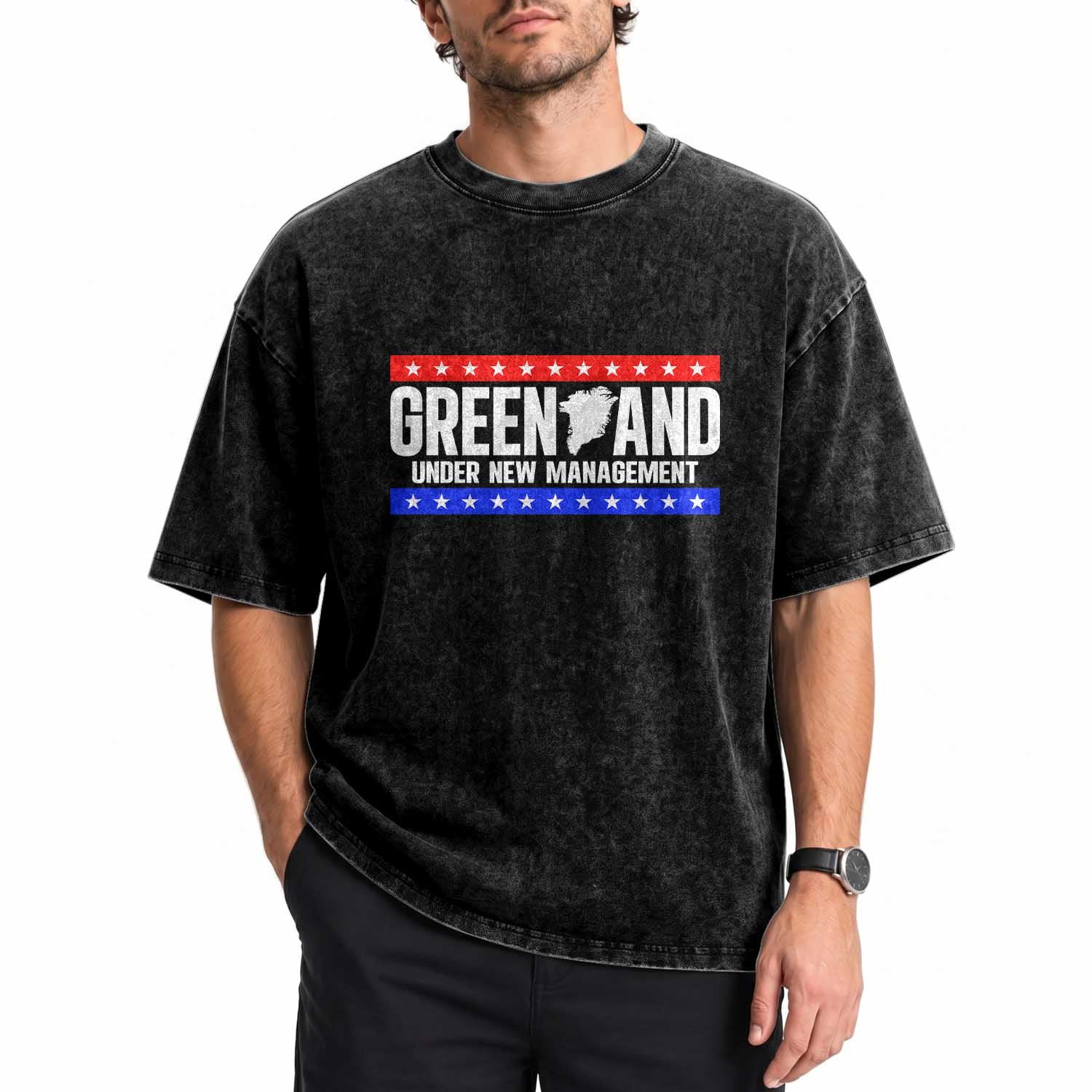 Greenland Under New Management Map Graphic Washed Cotton T-Shirt Funny Geographical Humor Patriotic Red White and Blue