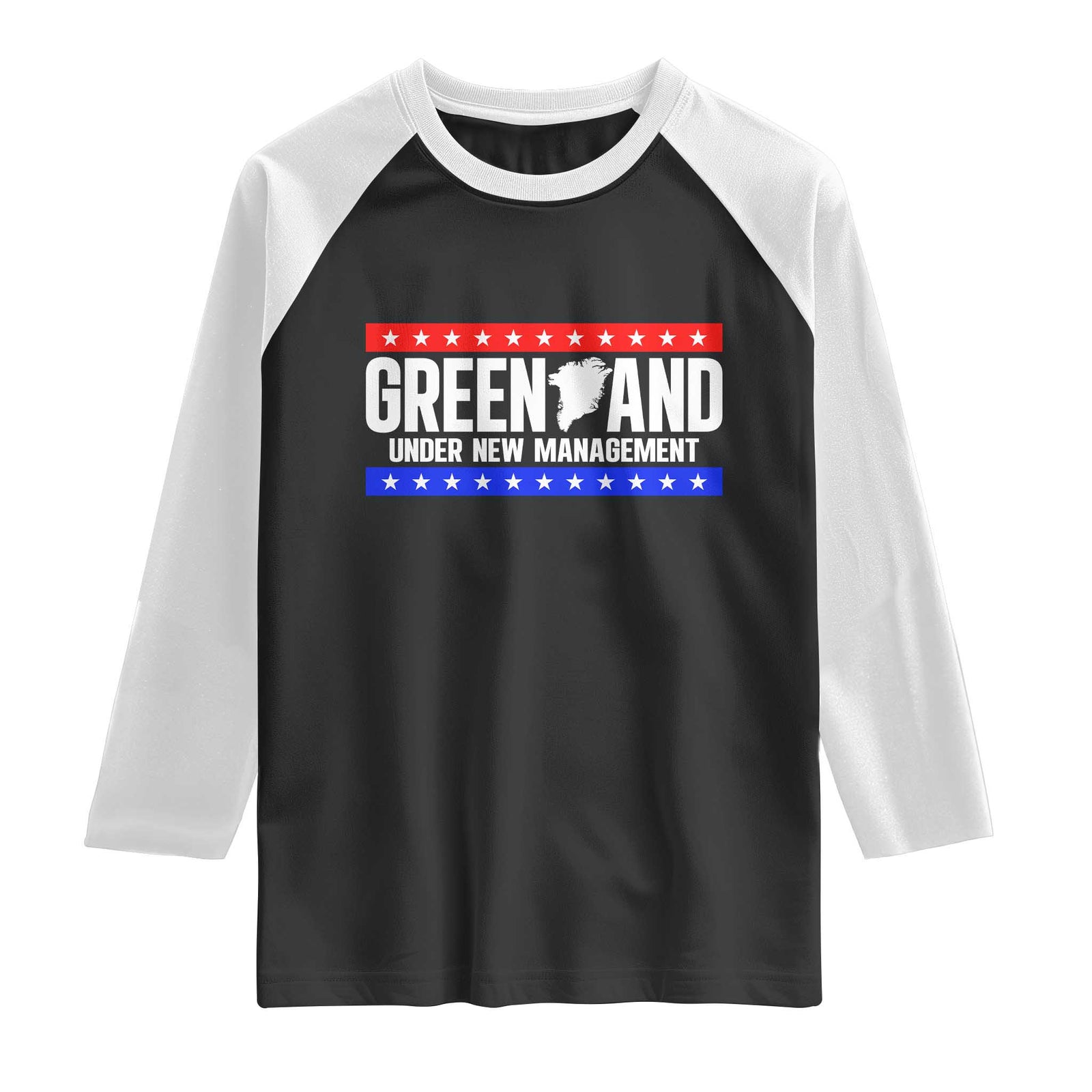 Greenland Under New Management Map Graphic Raglan Shirt Funny Geographical Humor Patriotic Red White and Blue