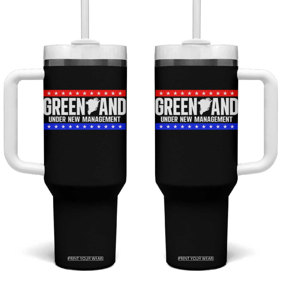 Greenland Under New Management Map Graphic Tumbler With Handle Funny Geographical Humor Patriotic Red White and Blue