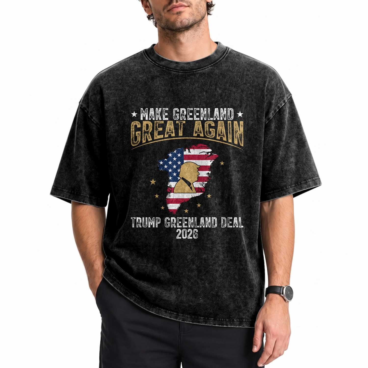 Make Greenland Great Again Patriotic USA Flag Map Washed Cotton T-Shirt Funny Geographical Humor