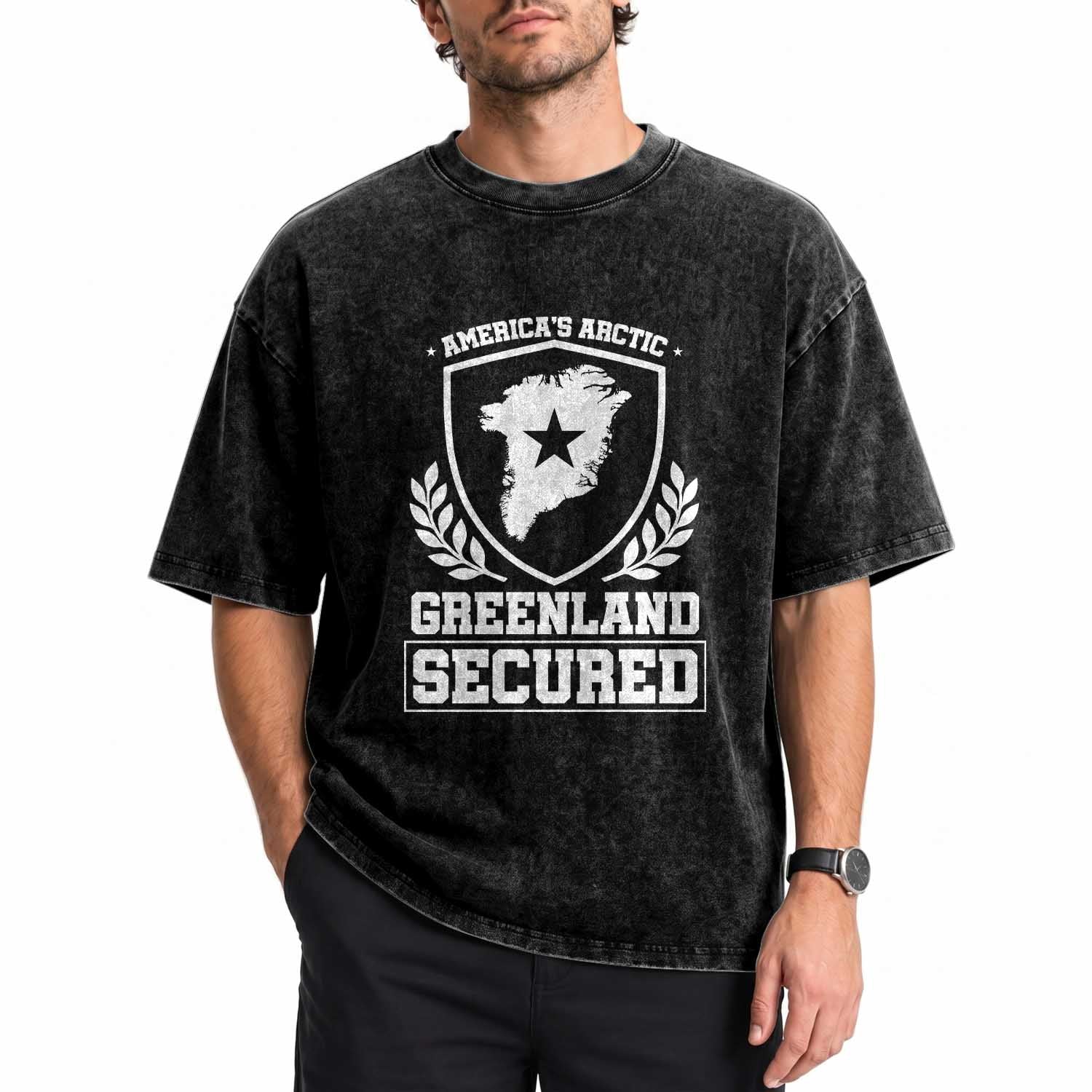 Americas Arctic Greenland Secured Shield Crest Graphic Washed Cotton T-Shirt Patriotic Satire Geographical Humor
