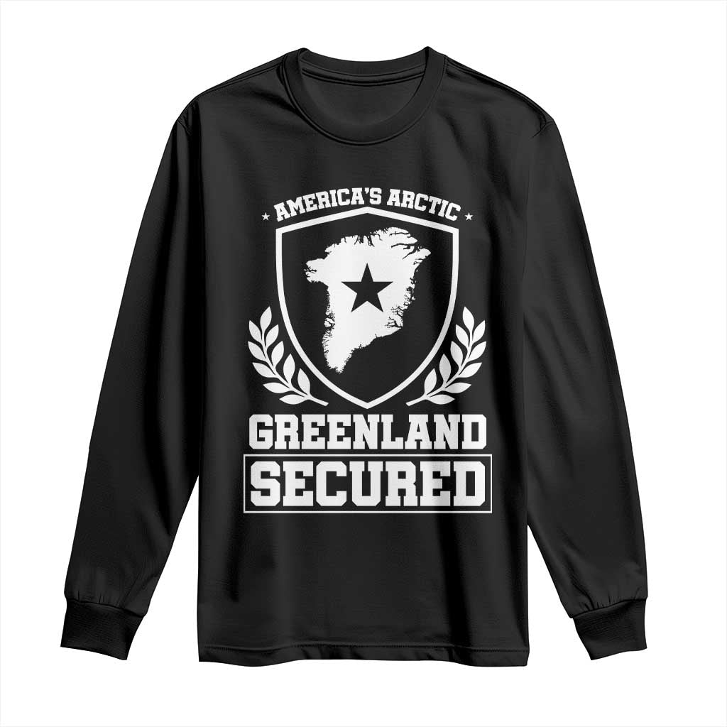 Americas Arctic Greenland Secured Shield Crest Graphic Long Sleeve Shirt Patriotic Satire Geographical Humor
