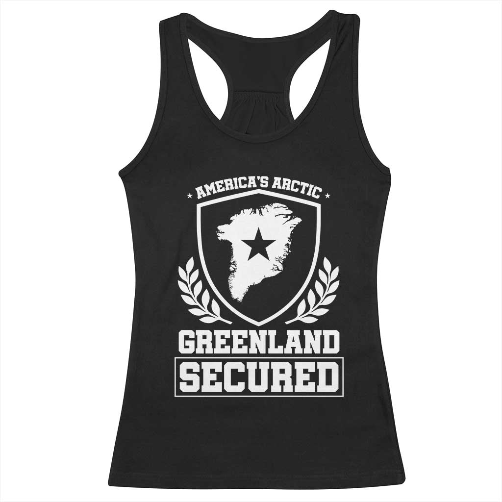 Americas Arctic Greenland Secured Shield Crest Graphic Racerback Tank Top Patriotic Satire Geographical Humor