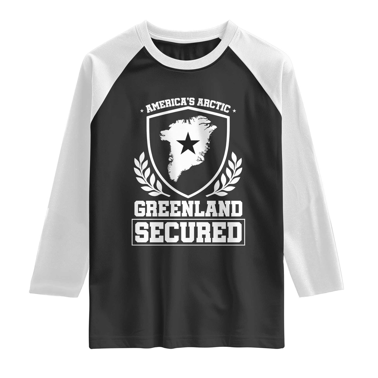 Americas Arctic Greenland Secured Shield Crest Graphic Raglan Shirt Patriotic Satire Geographical Humor