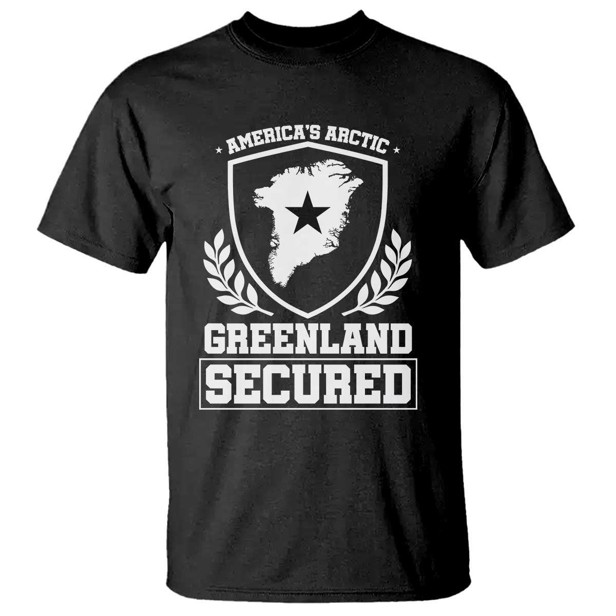 Americas Arctic Greenland Secured Shield Crest Graphic T Shirt Patriotic Satire Geographical Humor