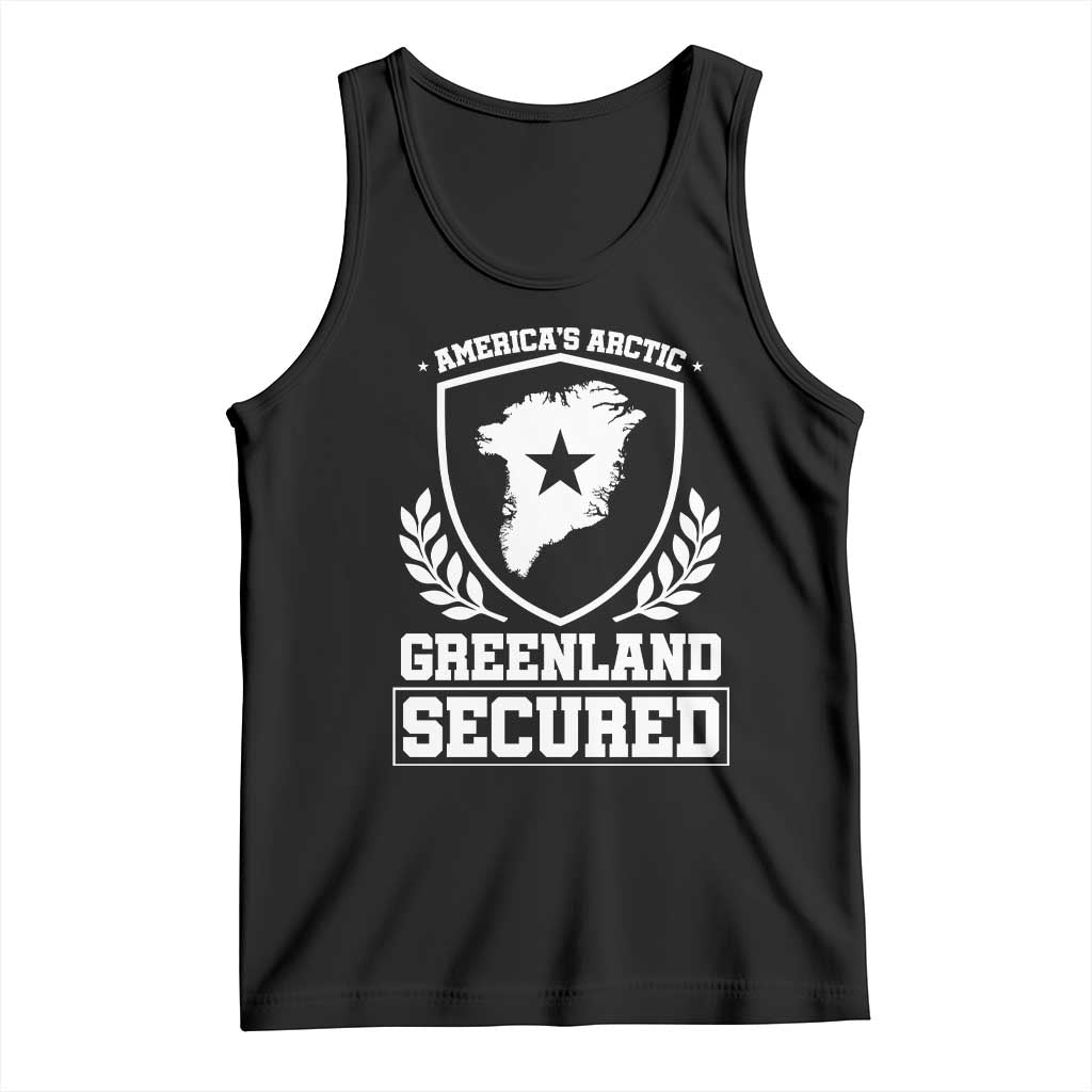 Americas Arctic Greenland Secured Shield Crest Graphic Tank Top Patriotic Satire Geographical Humor