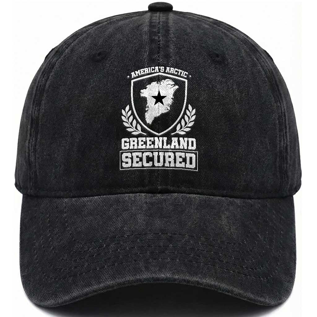 Americas Arctic Greenland Secured Shield Crest Graphic Washed Cotton Baseball Cap Patriotic Satire Geographical Humor