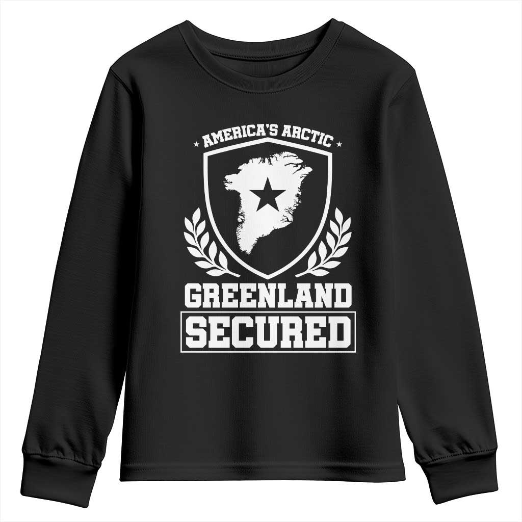 Americas Arctic Greenland Secured Shield Crest Graphic Youth Sweatshirt Patriotic Satire Geographical Humor