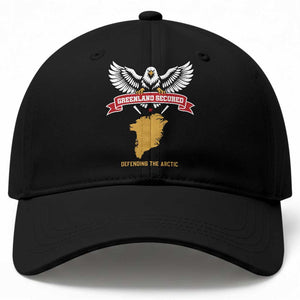 Greenland Secured Defending The Arctic Bald Eagle Graphic Baseball Cap Patriotic Military Style Satire Geographical Humor