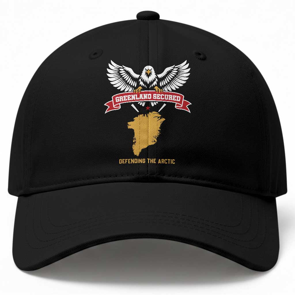 Greenland Secured Defending The Arctic Bald Eagle Graphic Baseball Cap Patriotic Military Style Satire Geographical Humor