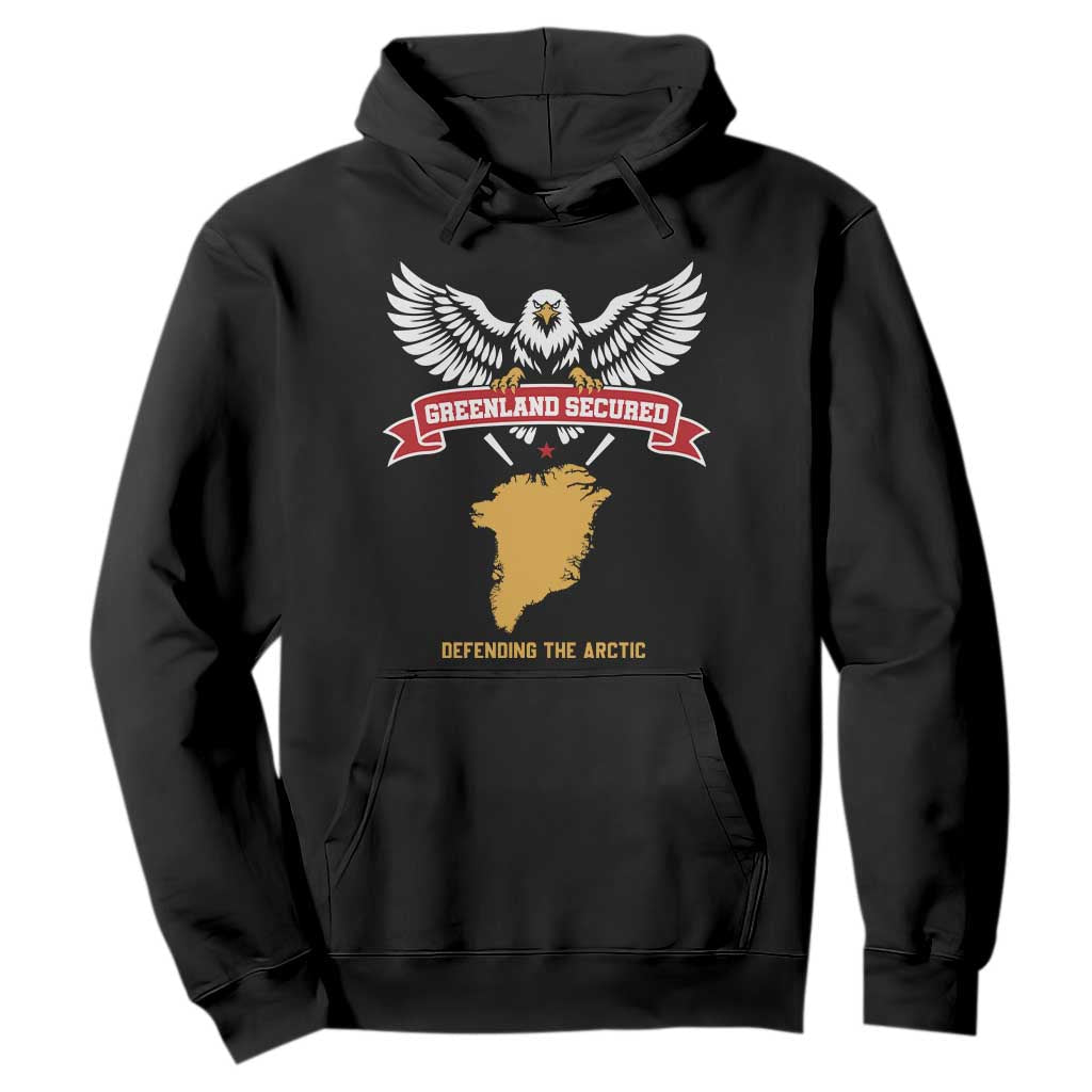 Greenland Secured Defending The Arctic Bald Eagle Graphic Hoodie Patriotic Military Style Satire Geographical Humor