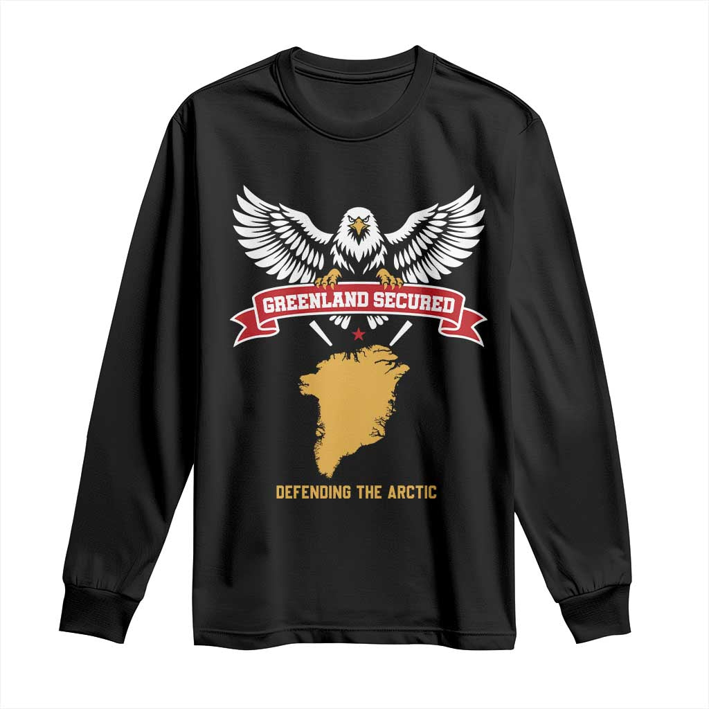 Greenland Secured Defending The Arctic Bald Eagle Graphic Long Sleeve Shirt Patriotic Military Style Satire Geographical Humor