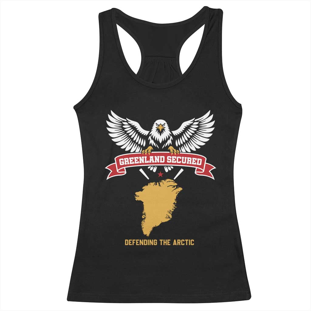 Greenland Secured Defending The Arctic Bald Eagle Graphic Racerback Tank Top Patriotic Military Style Satire Geographical Humor