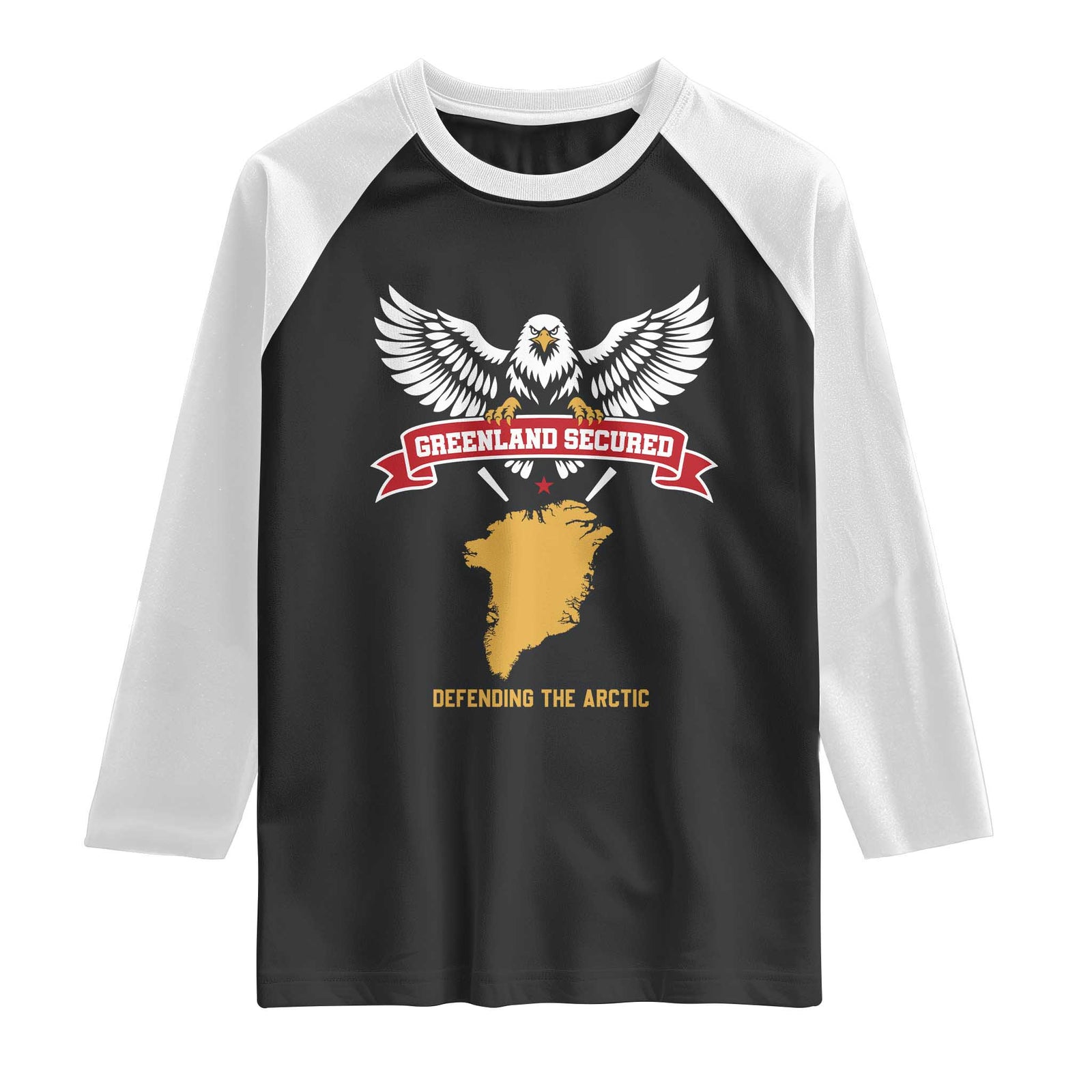 Greenland Secured Defending The Arctic Bald Eagle Graphic Raglan Shirt Patriotic Military Style Satire Geographical Humor