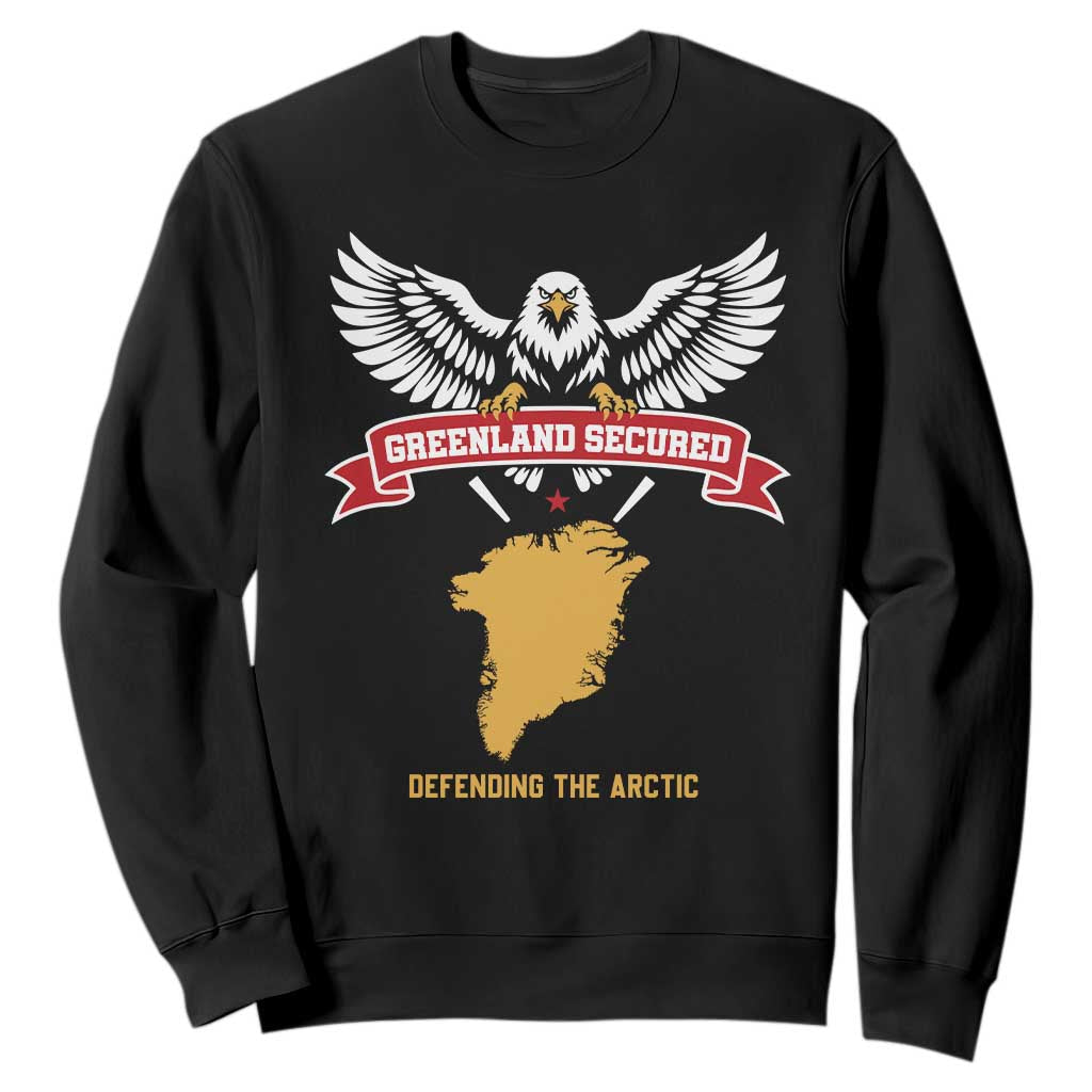 Greenland Secured Defending The Arctic Bald Eagle Graphic Sweatshirt Patriotic Military Style Satire Geographical Humor