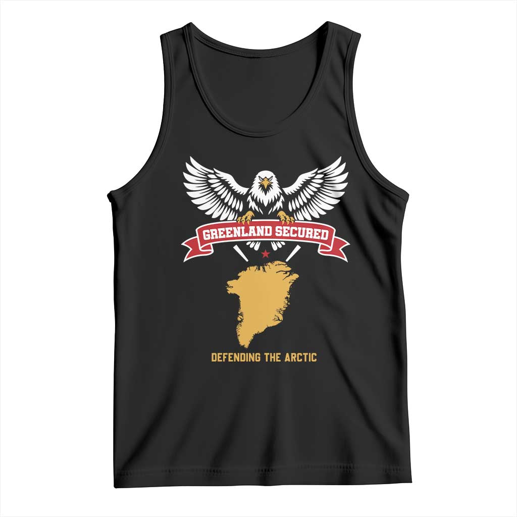 Greenland Secured Defending The Arctic Bald Eagle Graphic Tank Top Patriotic Military Style Satire Geographical Humor