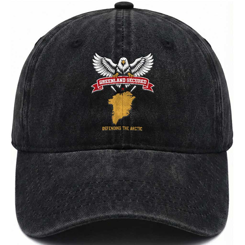 Greenland Secured Defending The Arctic Bald Eagle Graphic Washed Cotton Baseball Cap Patriotic Military Style Satire Geographical Humor
