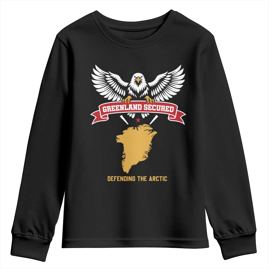 Greenland Secured Defending The Arctic Bald Eagle Graphic Youth Sweatshirt Patriotic Military Style Satire Geographical Humor