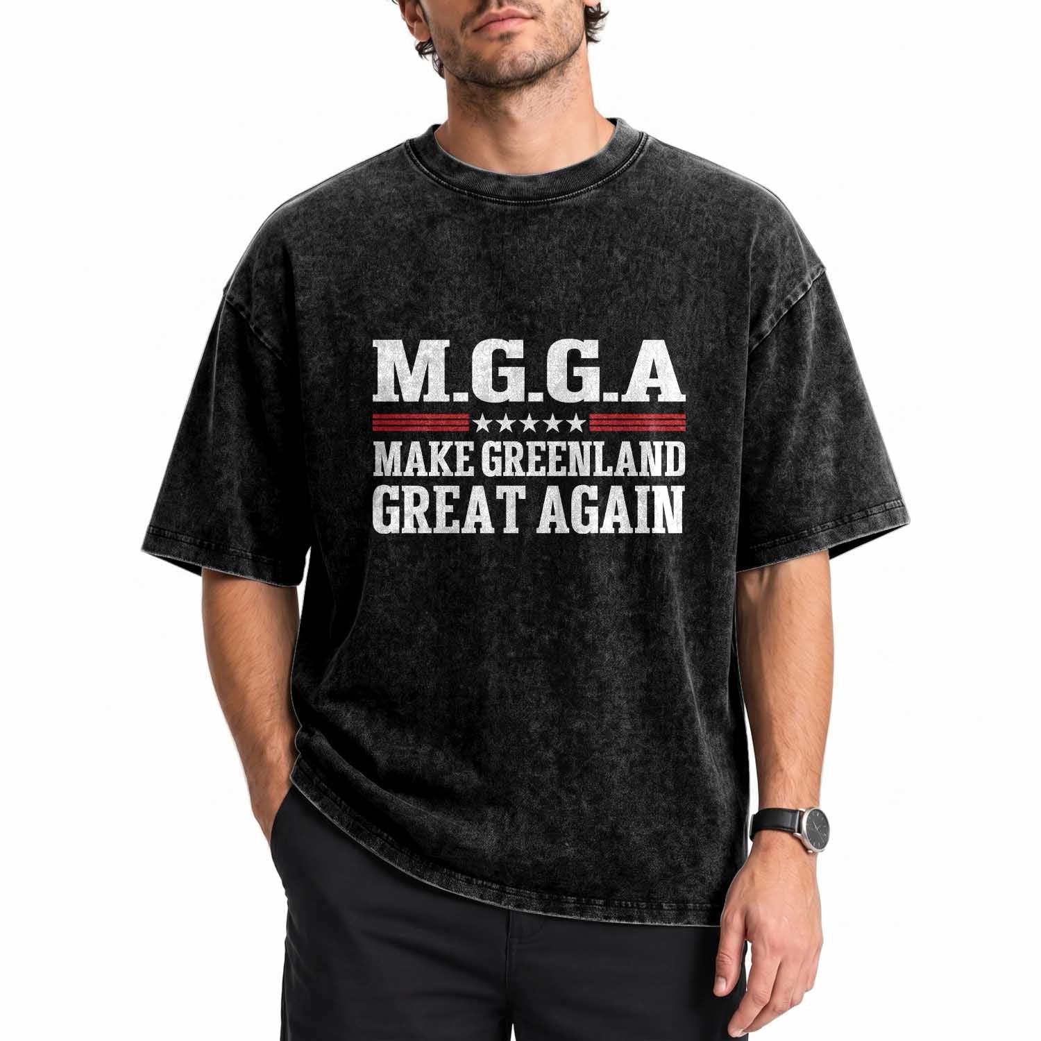 MGGA Make Greenland Great Again Washed Cotton T-Shirt Patriotic Red White Stars Geographical 2026 Parody
