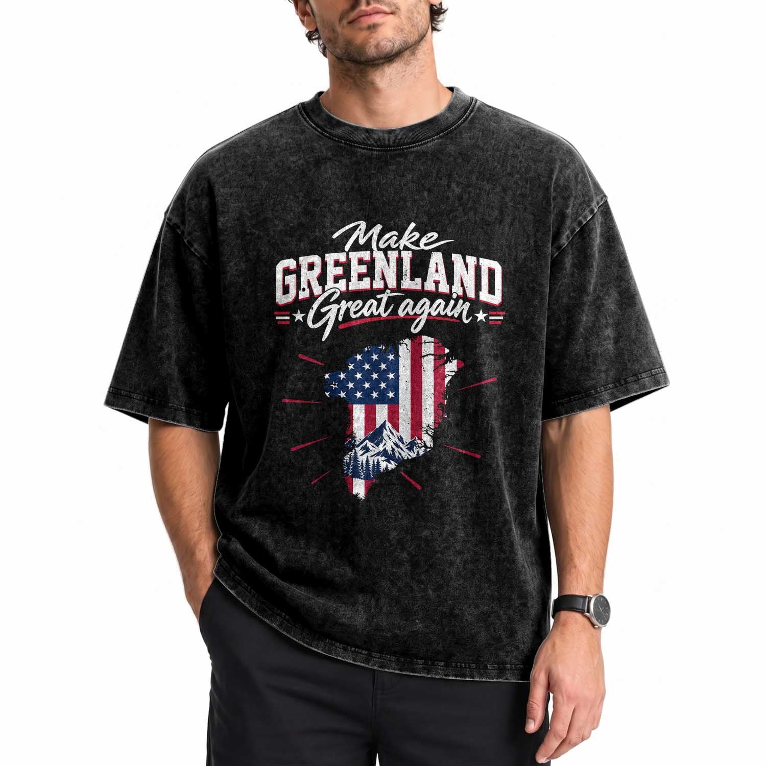 Make Greenland Great Again MGGA Map USA Flag Washed Cotton T-Shirt Patriotic Mountain Landscape Country Graphic