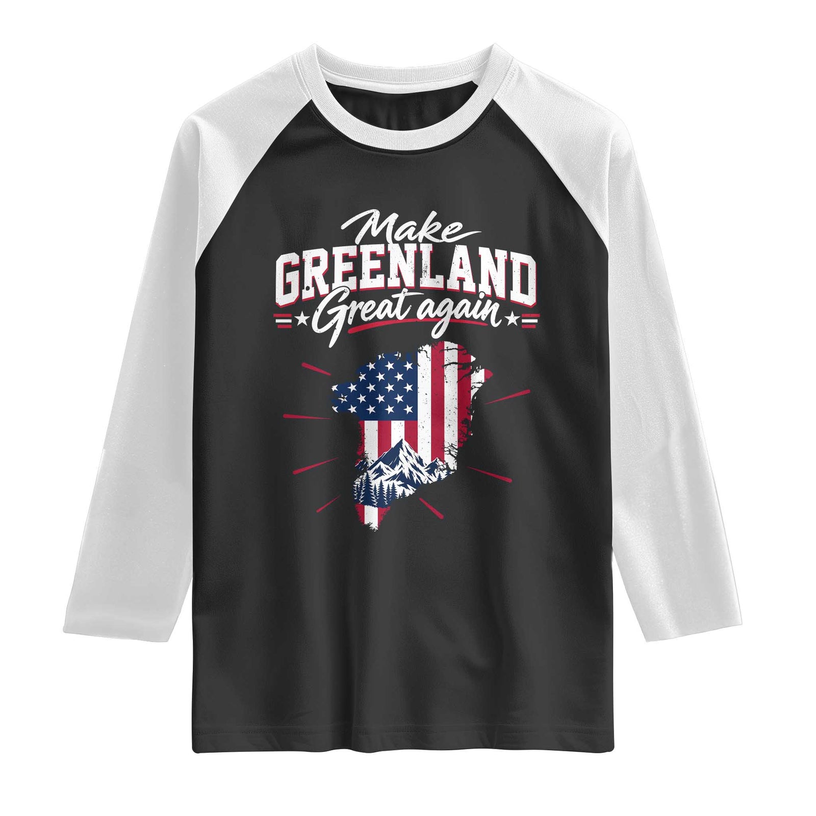 Make Greenland Great Again MGGA Map USA Flag Raglan Shirt Patriotic Mountain Landscape Country Graphic