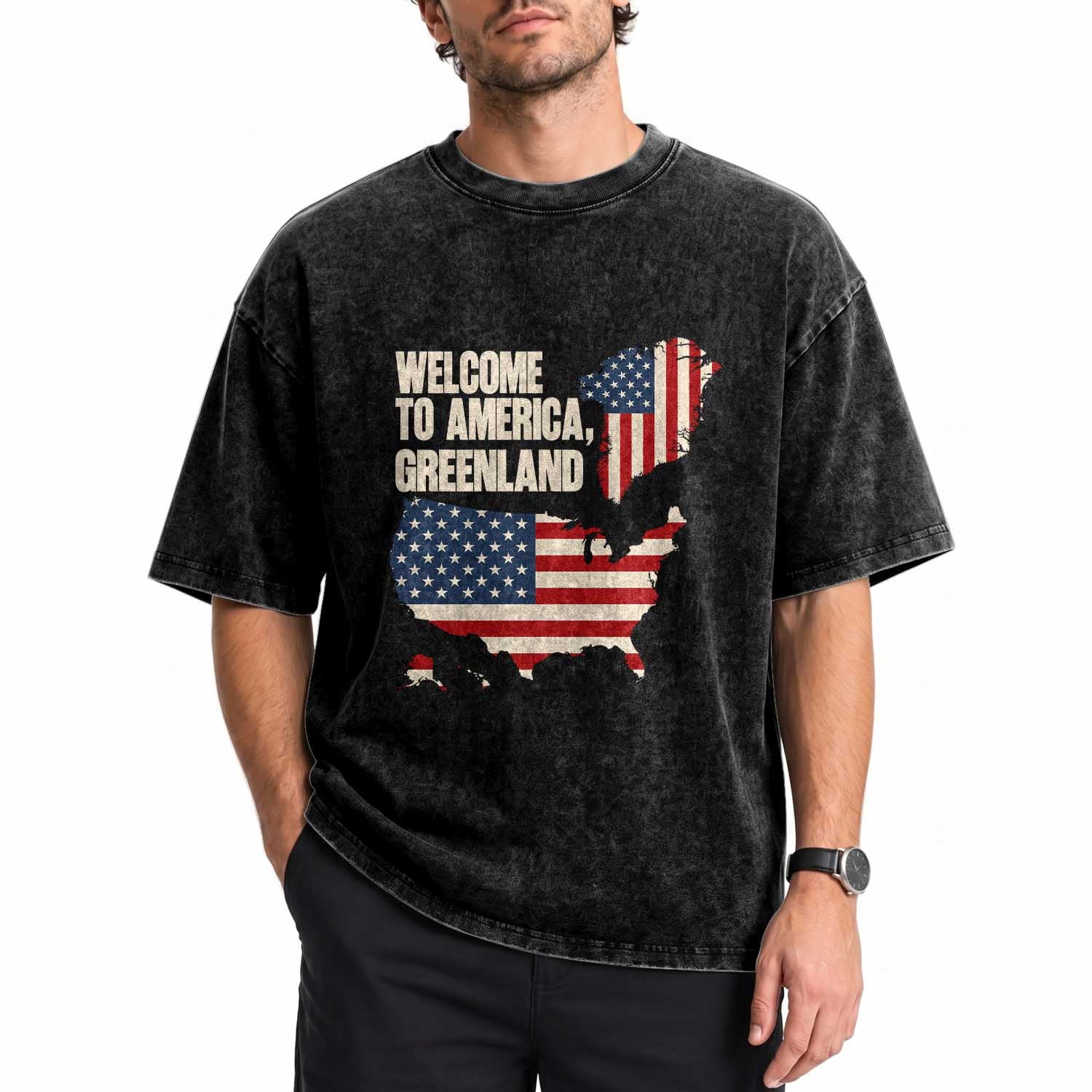Welcome To America Greenland Map Graphic Washed Cotton T-Shirt Patriotic USA Flag Geographic Parody
