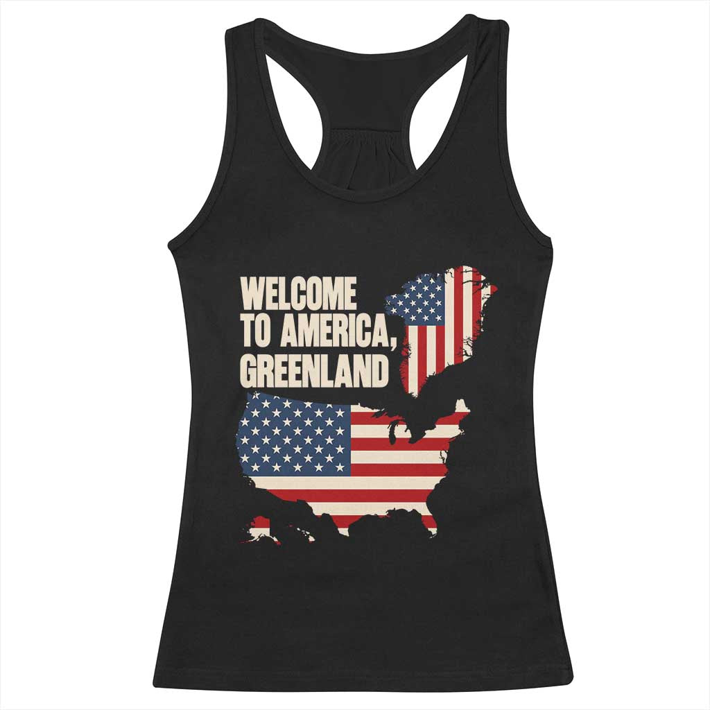 Welcome To America Greenland Map Graphic Racerback Tank Top Patriotic USA Flag Geographic Parody