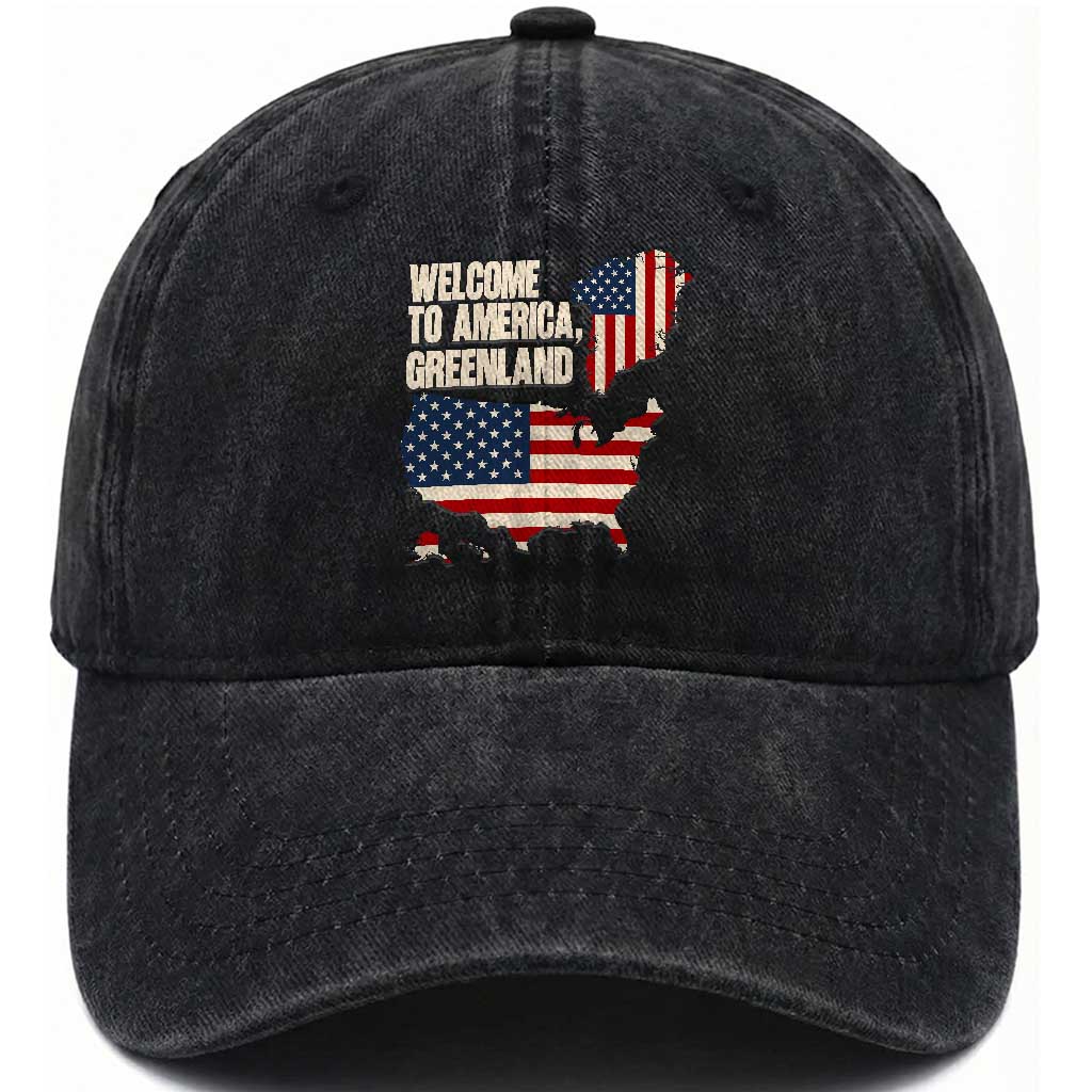 Welcome To America Greenland Map Graphic Washed Cotton Baseball Cap Patriotic USA Flag Geographic Parody