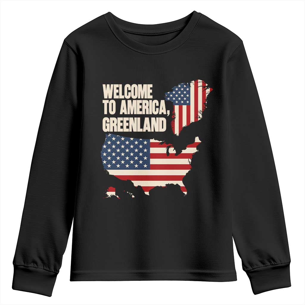 Welcome To America Greenland Map Graphic Youth Sweatshirt Patriotic USA Flag Geographic Parody