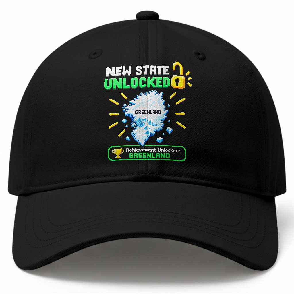New State Unlocked Greenland Pixel Art Map Baseball Cap Funny Geographic Parody Retro Gamer Achievement Graphic