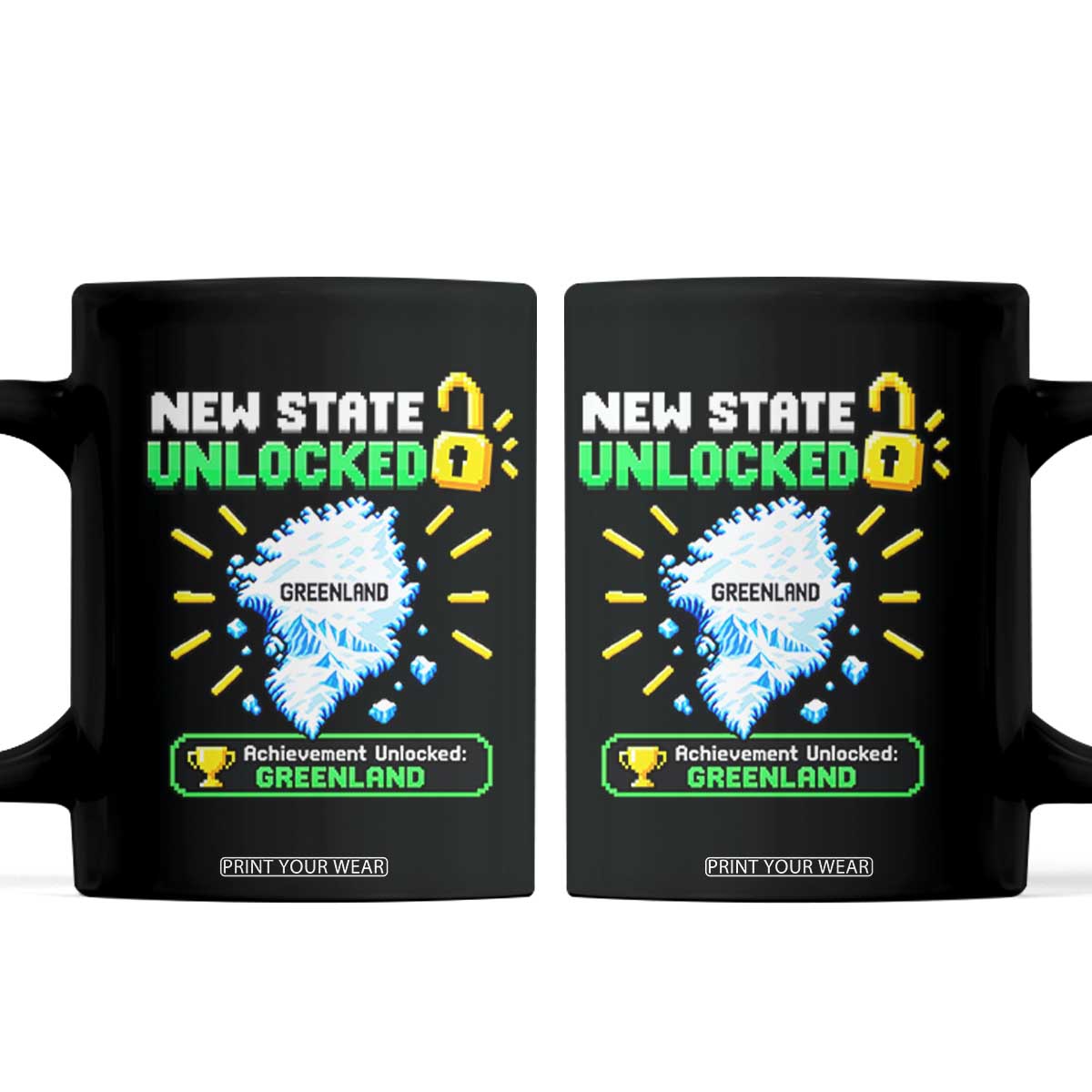 New State Unlocked Greenland Pixel Art Map Coffee Mug Funny Geographic Parody Retro Gamer Achievement Graphic
