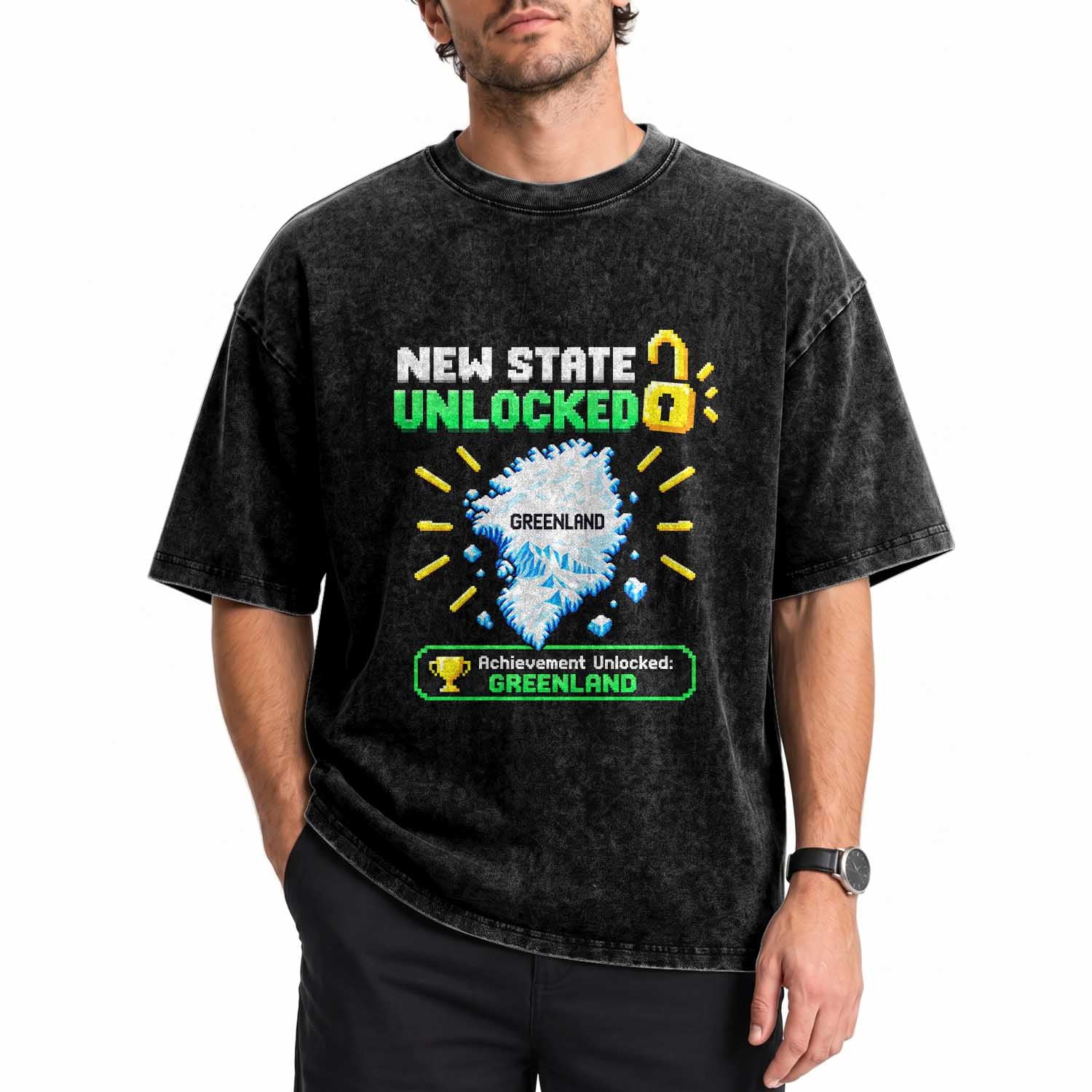 New State Unlocked Greenland Pixel Art Map Washed Cotton T-Shirt Funny Geographic Parody Retro Gamer Achievement Graphic