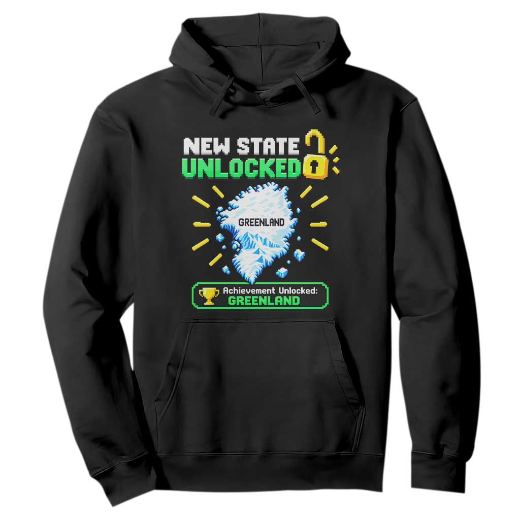 New State Unlocked Greenland Pixel Art Map Hoodie Funny Geographic Parody Retro Gamer Achievement Graphic